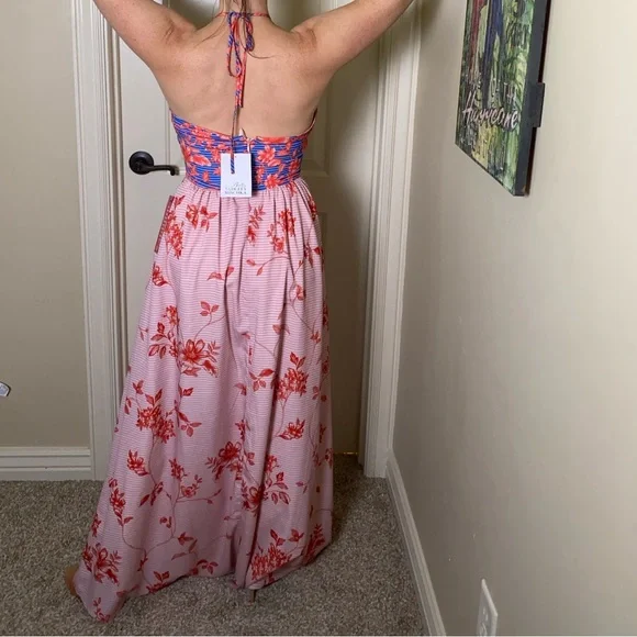 NWT Badgley Mischka size 2 Halter Blue Red Pink dress Floral MAXI - Picture 3 of 10